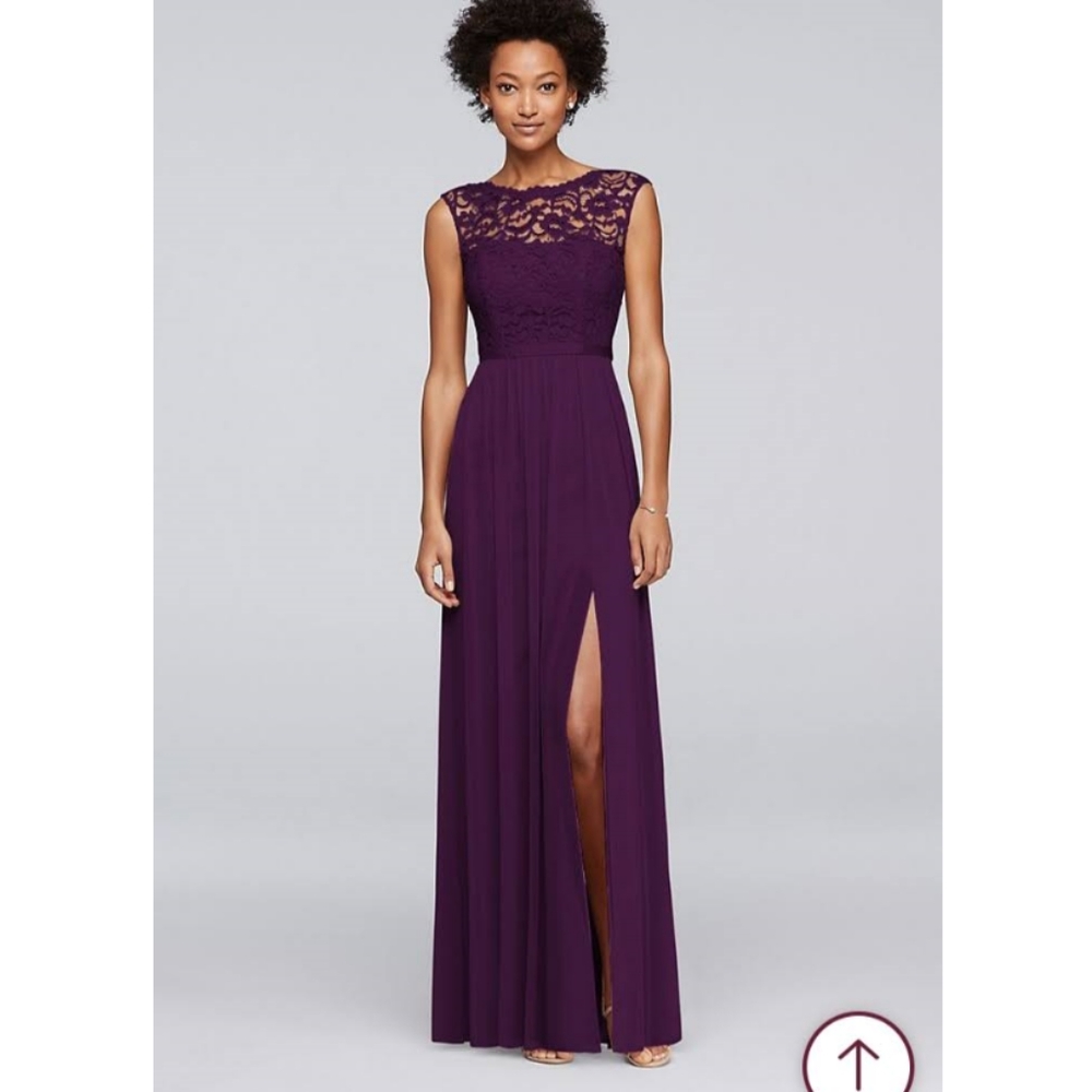 Davids Bridal Plum Bridesmaid Dress w/Lace Bodice